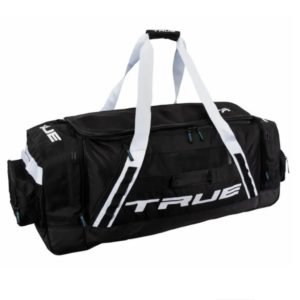 Picture of black and white true elite hockey equipment bag. 