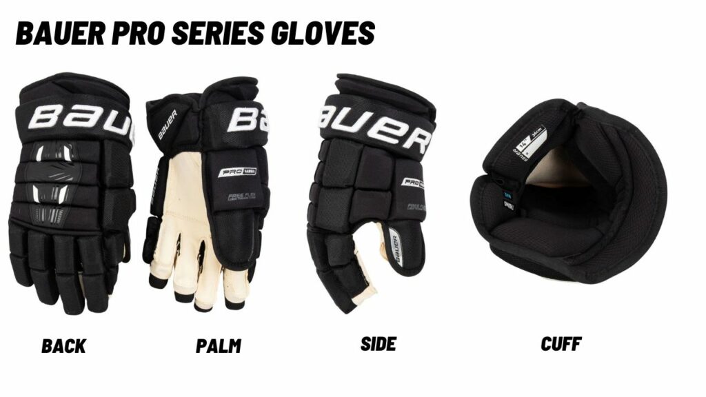 front, palm, back and side picture of Bauer Pro Series Hockey Gloves