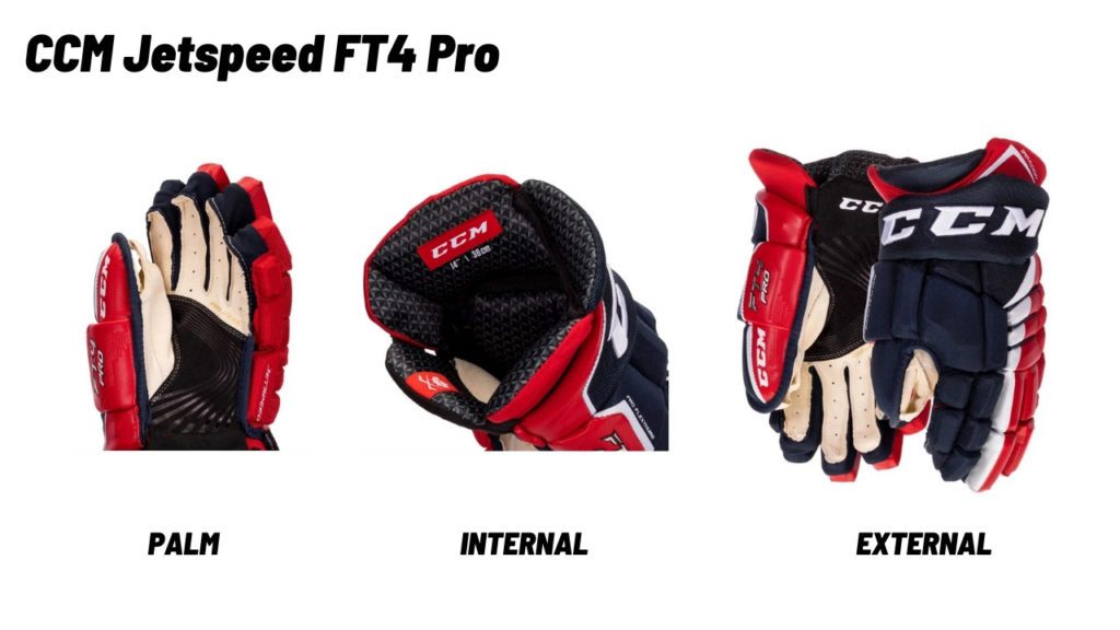 Picture of CCM Jetspeed FT4 pro gloves. Internal, external and protection. 