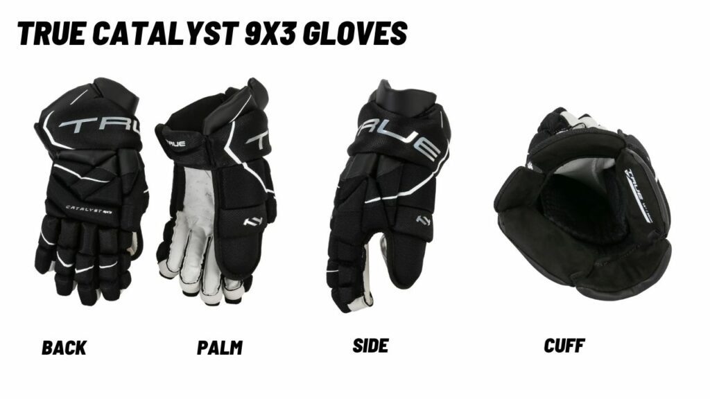 Pictures of TRUE CATALYST 9X3 GLOVES from front, side back and palm