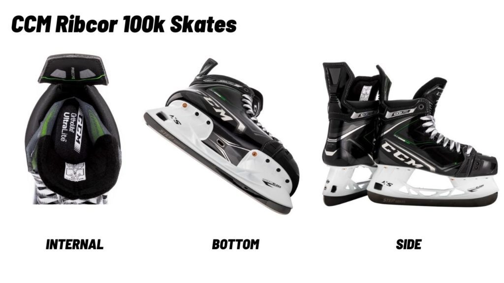 picture of the ccm ribcor 100k skates internal, bottom and side angles. 